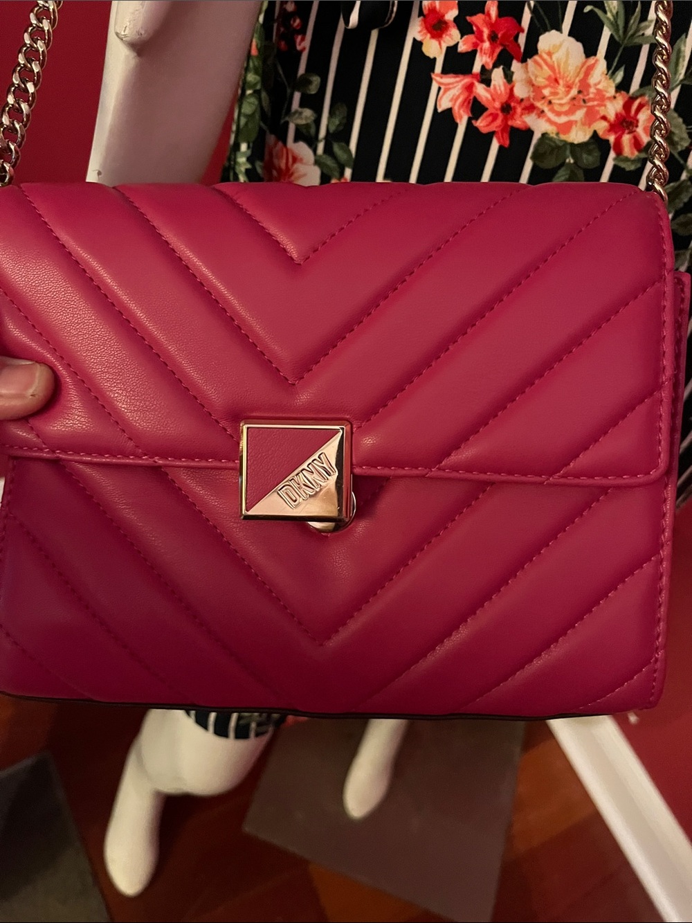 DKNY Hot Pink Quilted Chevron Crossbody with Gold-Tone magnetic Lock